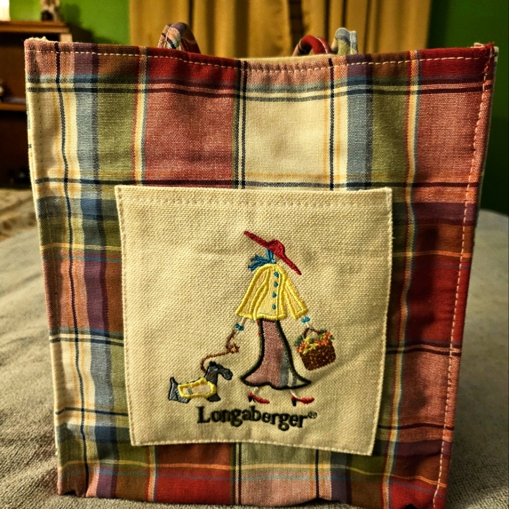 Longaberger Plaid Tote Bag with Embroidered Design